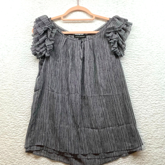 Banana Republic Womens Blouse Small Black White Striped Ruffle Chiffon Stretch - Picture 1 of 9